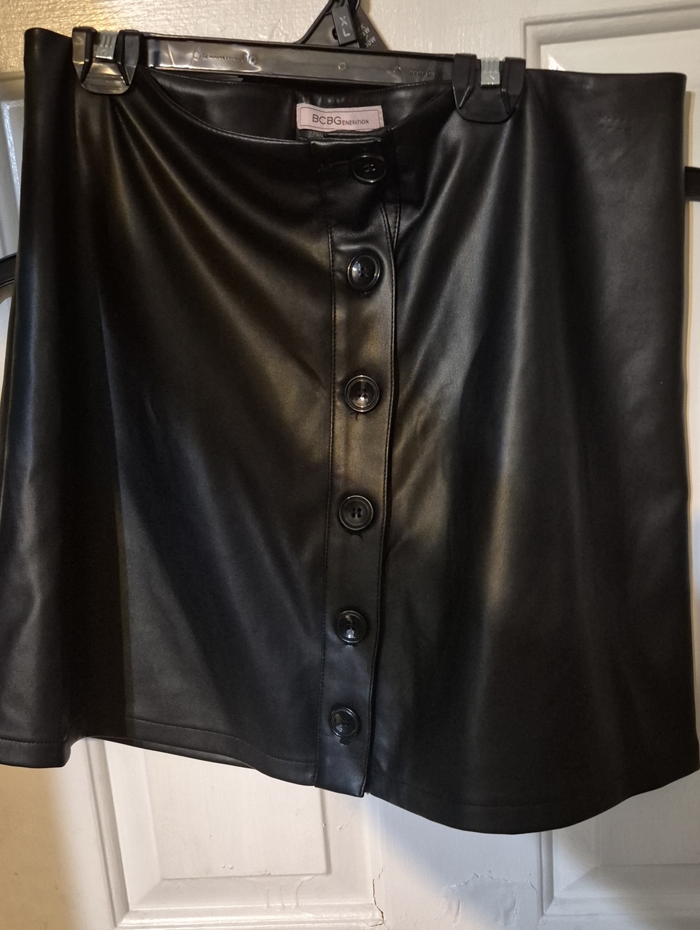 BCBG Black Faux Leather Button-Front Mini Skirt Size M
